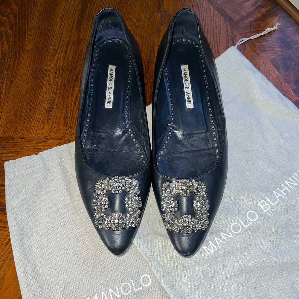 Manolo Blahnik Leather Navy Blue Embellished Women's Shoes